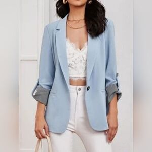 Womens Office Jacket Lapel Collar Roll-Tab Sleeve Blazer Baby Blue sz S M L